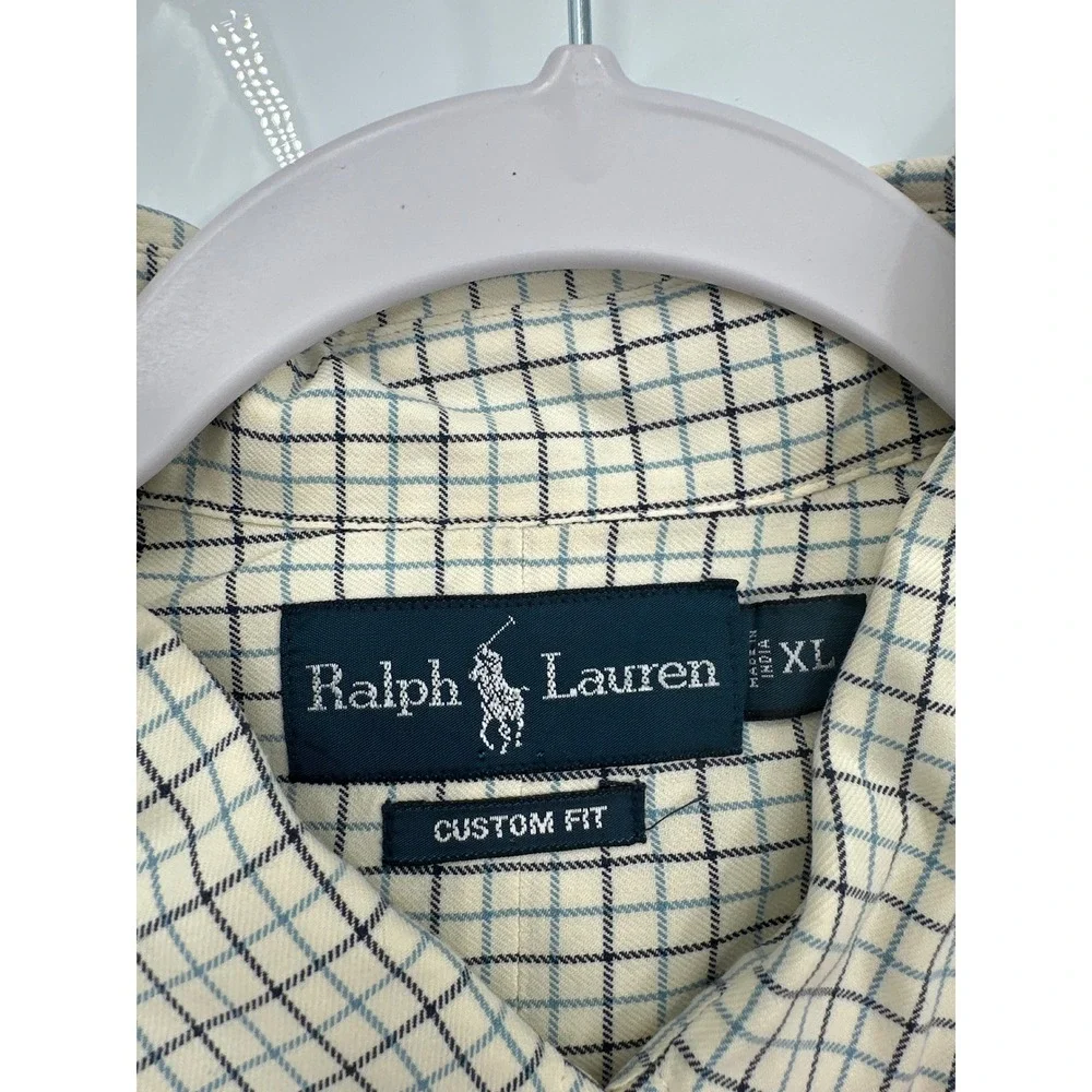 Polo Ralph Lauren Mens XL Custom Fit Tattersall Check Button Down Shirt Cream